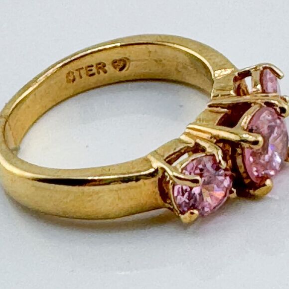 Vintage Pink Rhinestone Sterling Silver Gold Plated Ring Timeless Glamour Retro - Picture 8 of 9